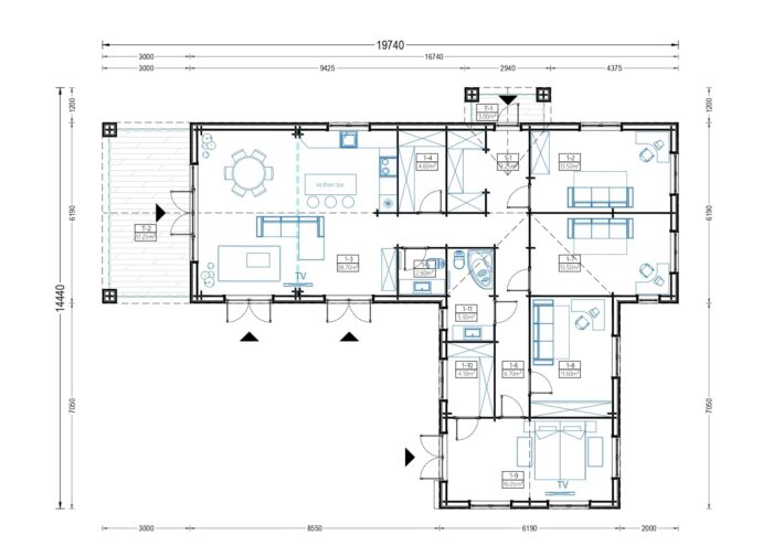 Bungalow TESSA (44 mm + Holzverschalung), 150 m²